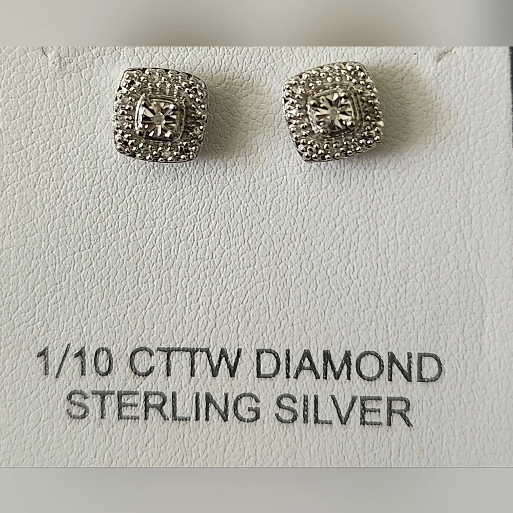 1/10 CTTW Diamond Sterling Silver square cluster or halo stud earrings